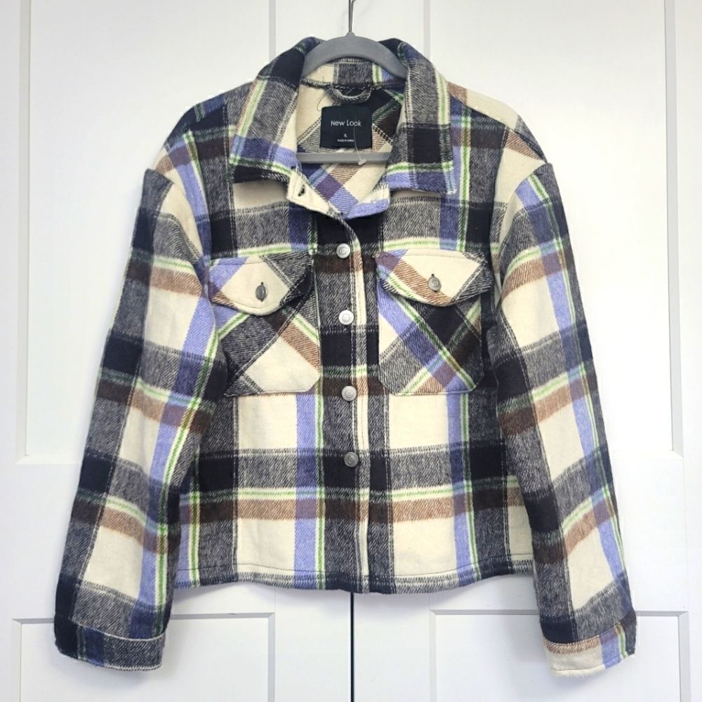 New look plaid soft fleece cropped shacket, xl